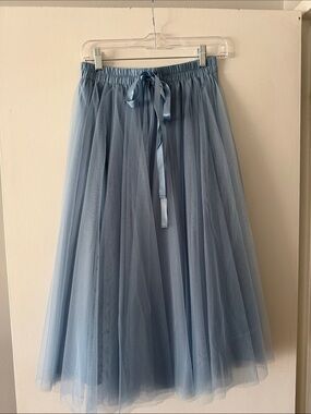 Choklate Paris Dusty Blue Tulle Midi Skirt Elastic Waist Ribbon Tie Size M/L